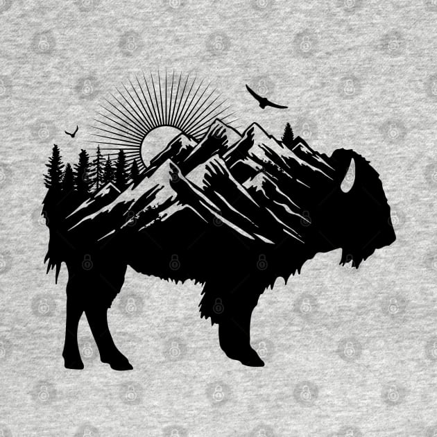 Buffalo Silhouette - Retro Bison Mountain - Buffalo Lover by OrangeMonkeyArt